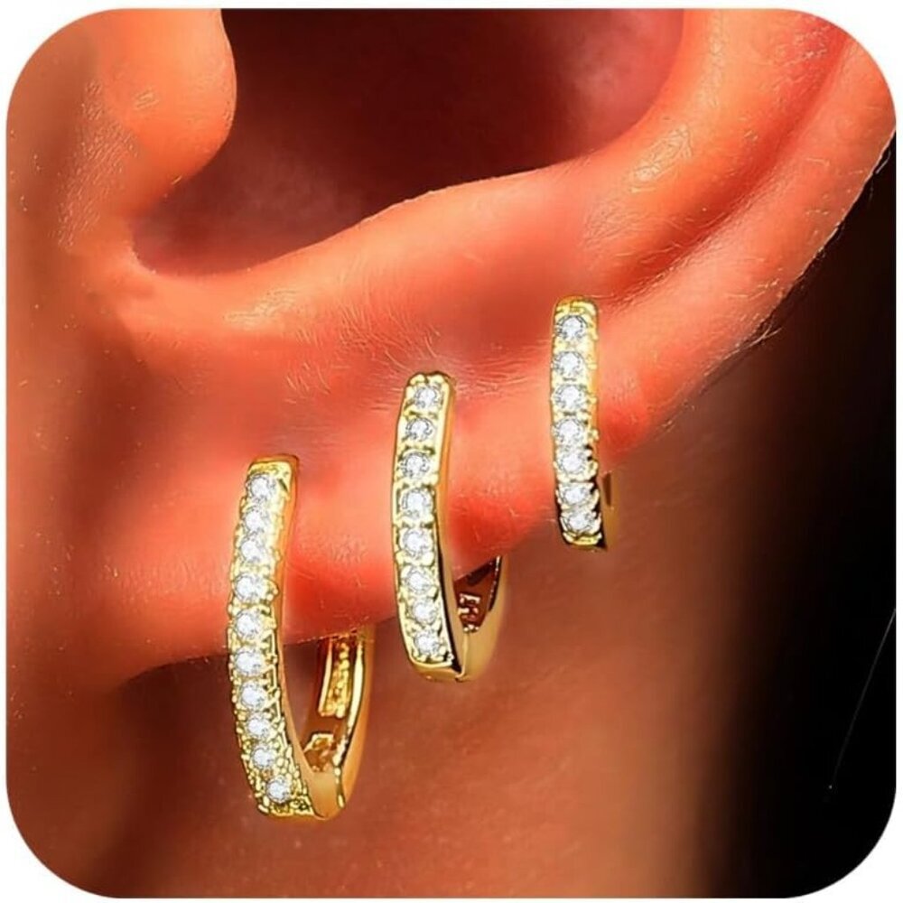 3 Pairs 14K Gold Plated Huggie Hoop Earrings Set - Hypoallergenic & Lightweight